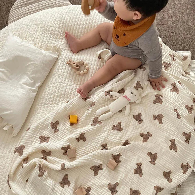 Bear Print Baby Blankets Newborn Muslin Cotton Gauze Swaddle Wrap Bedding Infant Girls Boys Sleeping Blanket Babies Accessories