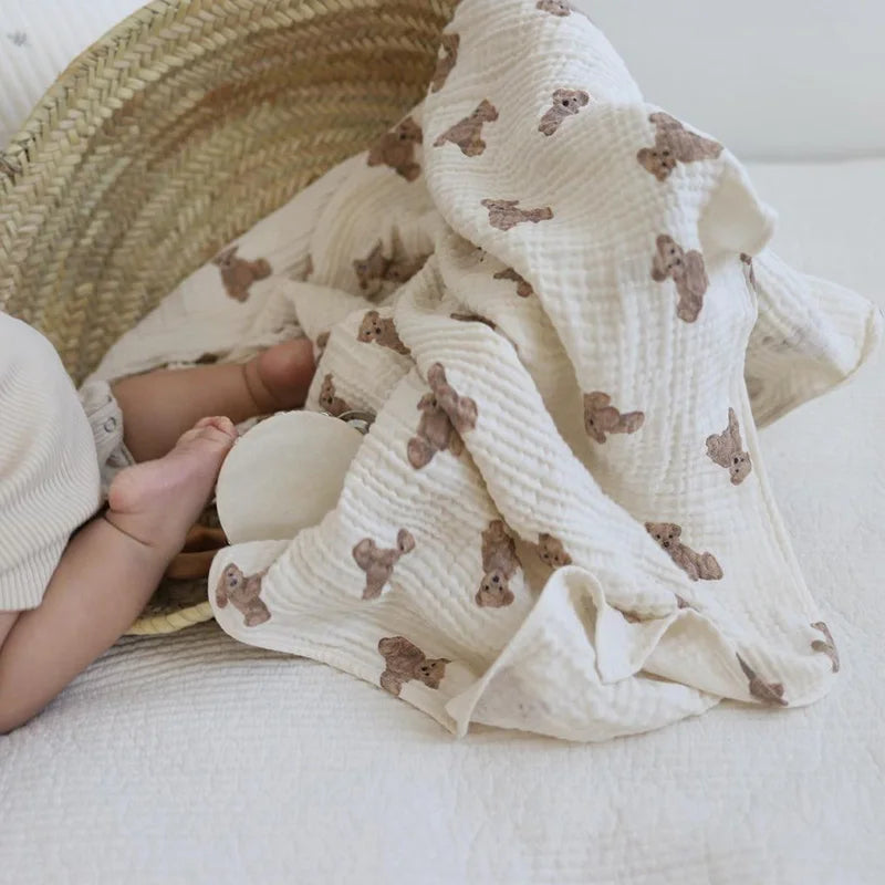 Bear Print Baby Blankets Newborn Muslin Cotton Gauze Swaddle Wrap Bedding Infant Girls Boys Sleeping Blanket Babies Accessories