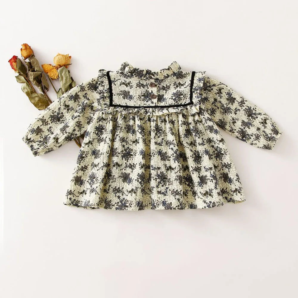 Organic cotton Toddler Girl Dresses Kids Blouse Vintage Floral Baby Girls Party Dress