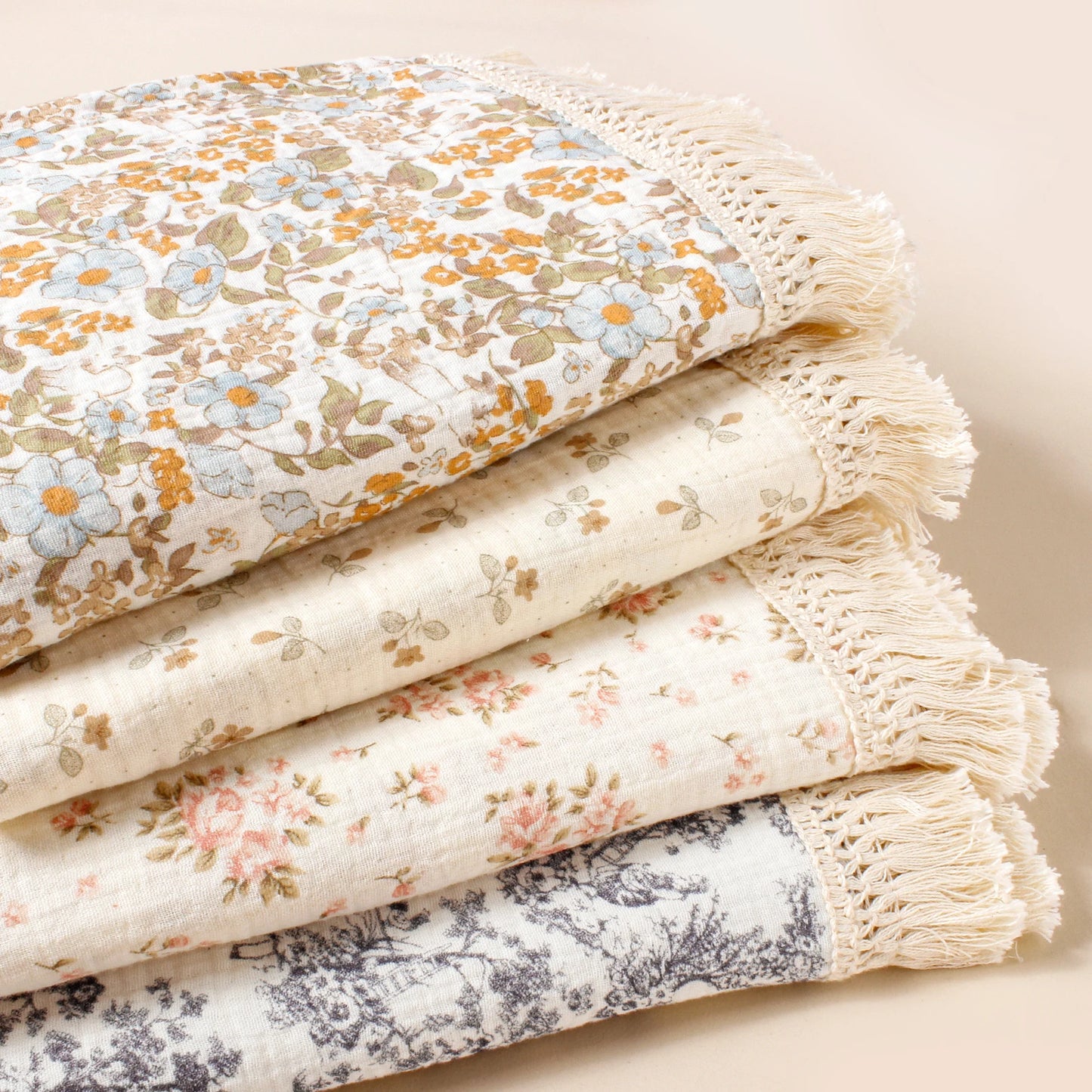 Baby Organic Cotton Soft Wrap Blanket Flowers Printing Fashion Comfortable Blanket New Style Infant Breathable Tassel Blanket