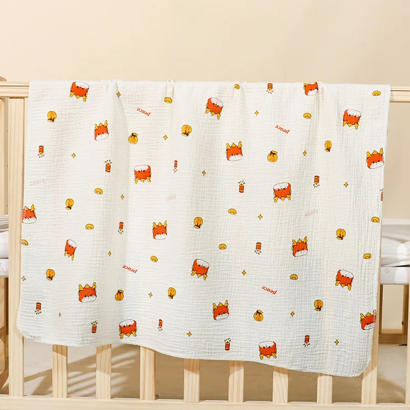 Cotton Muslin Cute Cartoon Printing Baby Swaddle Blanket Soft Breathable Newborn Baby Receiving Blanket For Infant Boys Girls