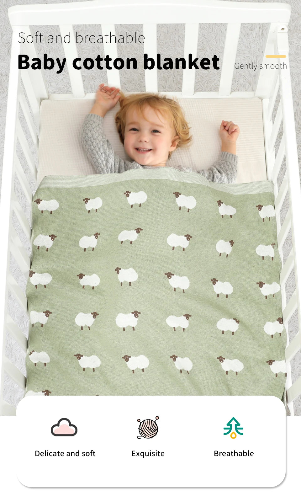 Cute Sheep Print Muslin Newborn Baby Boys & Girls Crib Blankets Swaddle Wraps Organic Cotton Infant Security Blanket For 0-24 M