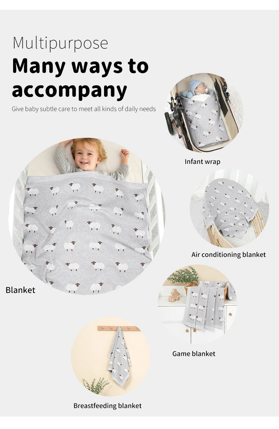 Cute Sheep Print Muslin Newborn Baby Boys & Girls Crib Blankets Swaddle Wraps Organic Cotton Infant Security Blanket For 0-24 M