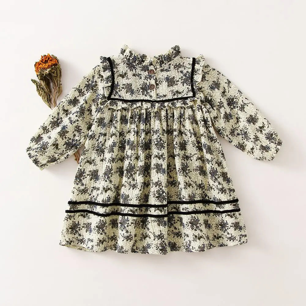 Organic cotton Toddler Girl Dresses Kids Blouse Vintage Floral Baby Girls Party Dress